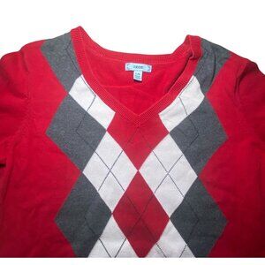 Izod Red Argyle Cotton‎ V-Neck Sweater Preppy Academia Size L